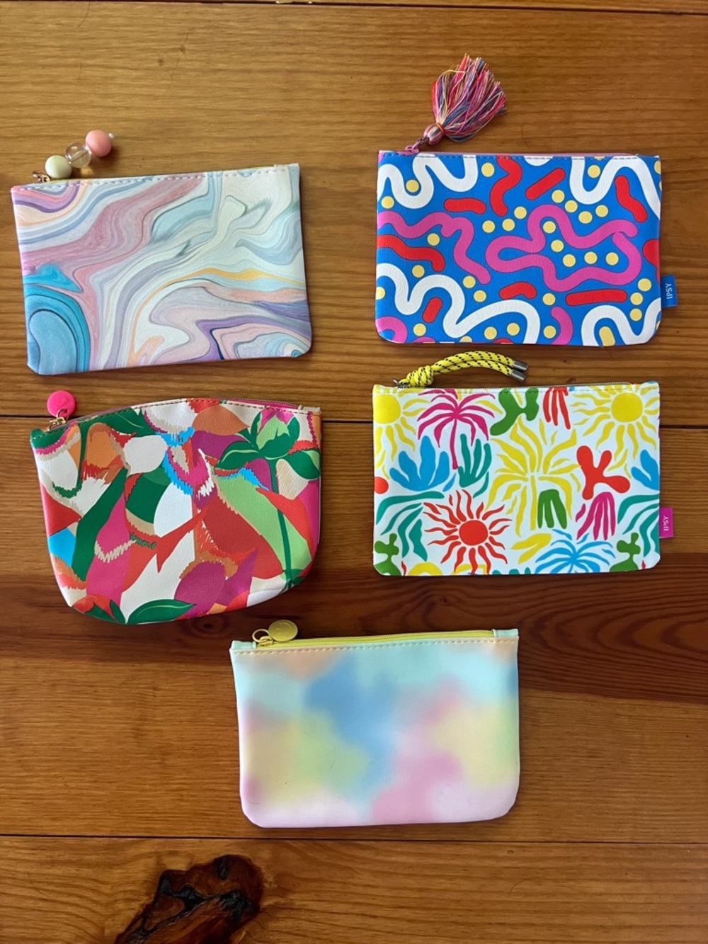Ipsy lot of 5 Colorful Patterned Glam Bags in whimsical patterns